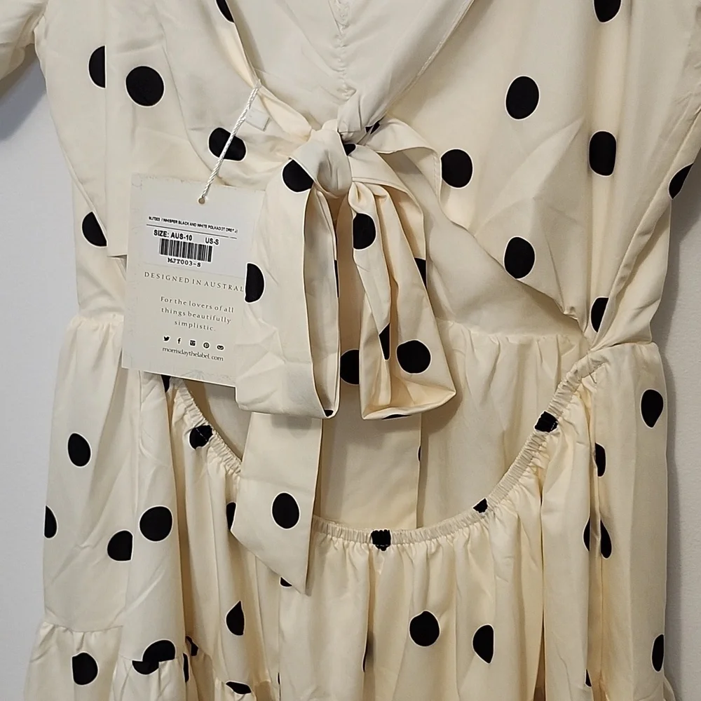 NWTs Morrisday the label polka dot cream tiered puff sleeve cutout S dress - Picture 4 of 8